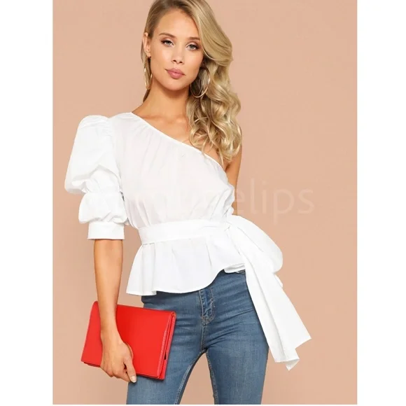 Cotton Blend White One Shoulder Top Tie Belt Puff Short Sleeve Peplum Style - Picture 6 of 7